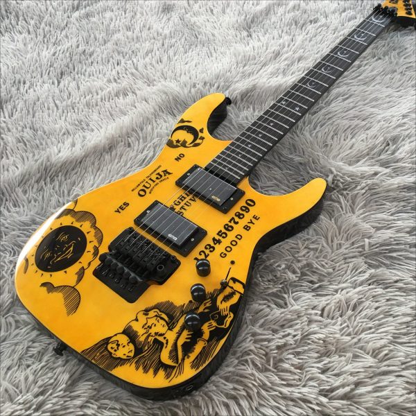 hammett moon electric guitar vintage horror gothic design with yes bye graphic, hh pickups (for heavy metal), floyd rose tremolo bridge, maple neck & basswood body professional rock & metal axe for joe hammett fans, metal music gear, floral pattern design, durable musical instrument, rosewood fretboard