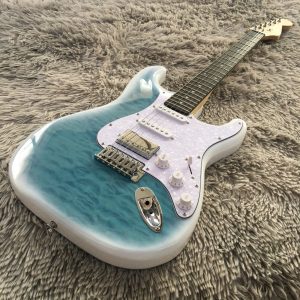 6 string st electric guitar light blue solid basswood body, maple neck, ssh pickups, rosewood fretboard, quilted maple top, chrome hardware, 22 frets, single tremolo bridge, fully enclosed design
