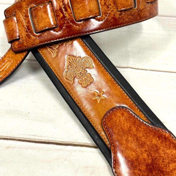 hmade gb23 vintage guitar strap heavy duty padded shoulder strap with non slip french chain, elegant latigo tan finish, compatible with acoustic, electric, bass guitars ideal for professional & beginner musicians, guitar accessories strap, fleur de lis pattern, brazilian rosewood board