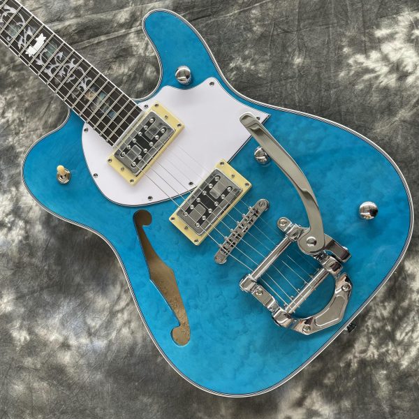 semi hollow body tl electric guitar f hole quilted maple top basswood body maple neck hh pickups jazz bridge 6 strings rosewood fretboard blue color chrome hardware