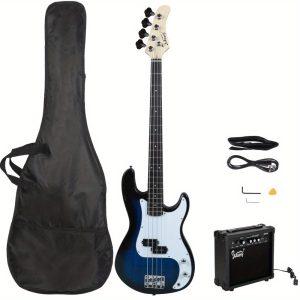 blue gp electric bass guitar kit includes amp, stereo bag, strap, cable & wrench tool perfect for beginner and pro bass musicians