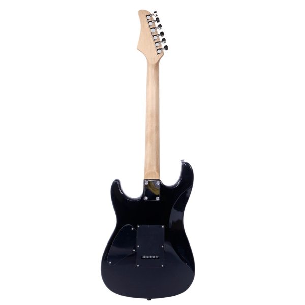 black & dark blue lightning style electric guitar ideal for beginners and enthusiasts includes power cord, strap, bag, plectrums & tremolo arm