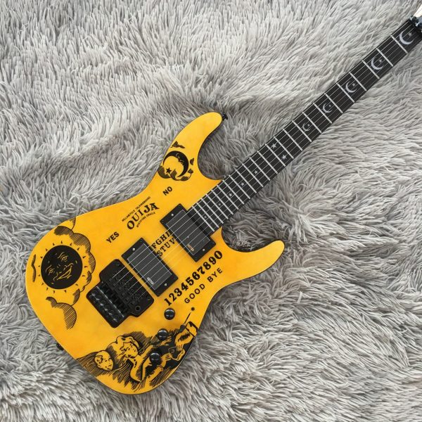 hammett moon electric guitar vintage horror gothic design with yes bye graphic, hh pickups (for heavy metal), floyd rose tremolo bridge, maple neck & basswood body professional rock & metal axe for joe hammett fans, metal music gear, floral pattern design, durable musical instrument, rosewood fretboard