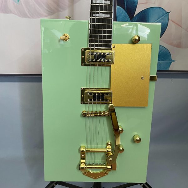 bo diddley green electric guitar 6 string basswood maple neck with rosewood fretboard, golden tone jazz bridge & hardwired electronics, vintage style for jazz & rock music, electric guitar, rock and roll guitar, classic guitar design, detailed craftsmanship