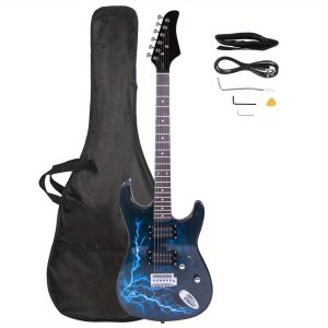 black & dark blue lightning style electric guitar ideal for beginners and enthusiasts includes power cord, strap, bag, plectrums & tremolo arm
