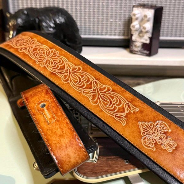hmade gb23 vintage guitar strap heavy duty padded shoulder strap with non slip french chain, elegant latigo tan finish, compatible with acoustic, electric, bass guitars ideal for professional & beginner musicians, guitar accessories strap, fleur de lis pattern, brazilian rosewood board