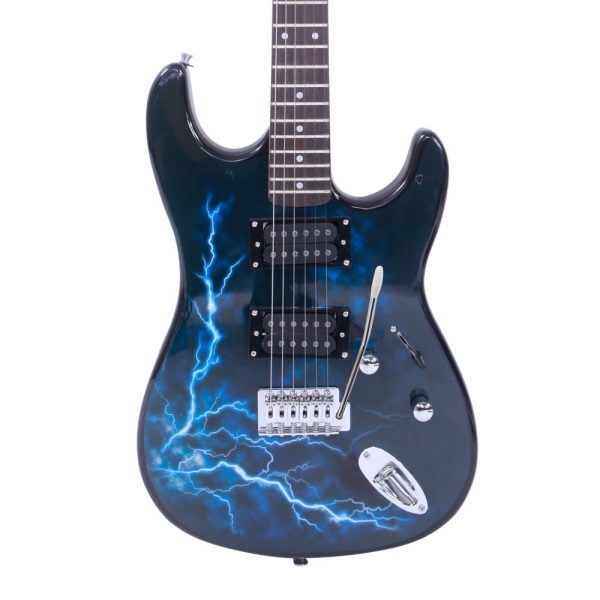 black & dark blue lightning style electric guitar ideal for beginners and enthusiasts includes power cord, strap, bag, plectrums & tremolo arm