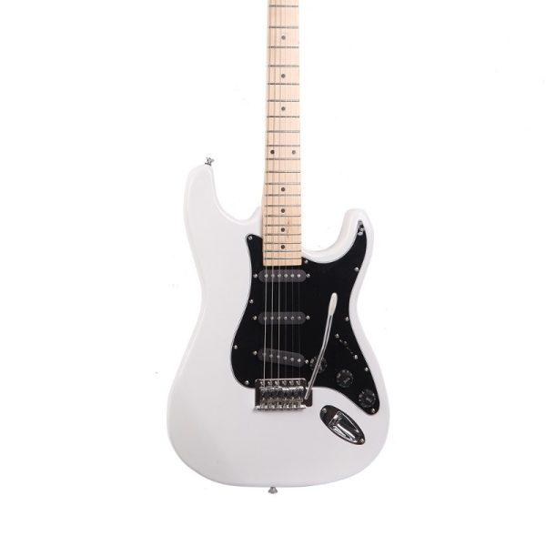 st electric guitar dual pickup modern guitar with recycled woods, white body & black pickguard, for rock, blues, jazz ideal for beginners & professionals, musical performance, sleek design, durable construction