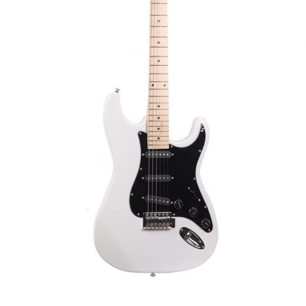 st electric guitar dual pickup modern guitar with recycled woods, white body & black pickguard, for rock, blues, jazz ideal for beginners & professionals, musical performance, sleek design, durable construction