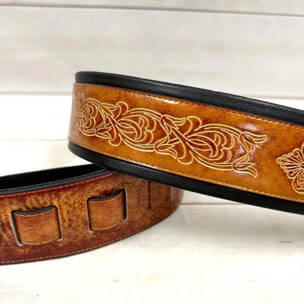 hmade gb23 vintage guitar strap heavy duty padded shoulder strap with non slip french chain, elegant latigo tan finish, compatible with acoustic, electric, bass guitars ideal for professional & beginner musicians, guitar accessories strap, fleur de lis pattern, brazilian rosewood board