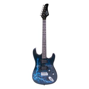 electric guitar with lightning bolt graphic design double pickup system, brazilian rosewood fingerboard & bridge, recycled wood body black & blue mixed color, no battery needed, durable for live performances & studio sessions