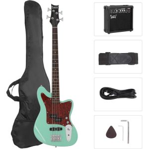 1pc glarry 4 string electric bass guitar kit for beginners, includes 20w amp, full size bass with digital tuner, amp cable, strap, gig bag, and accessories black, battery/usb powered, ≤36v
