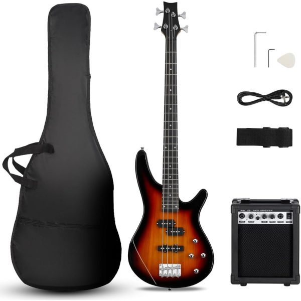 4 string electric bass guitar with 20w amplifier, pj pickup, maple neck & rosewood fretboard, basswood body – includes gig bag, shoulder strap, and accessories – perfect for live performances and practice sessions