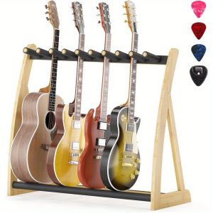 heavy duty guitar stand rack for multiple guitars foldable, adjustable guitar holder with non slip pads, space saving design, compatible with electric, acoustic, bass guitars & cases for home, studio, stage natural wood finish (no assembly required), studio organization, foldable design, nonslip padding