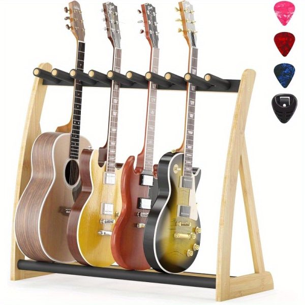 heavy duty guitar stand rack for multiple guitars foldable, adjustable guitar holder with non slip pads, space saving design, compatible with electric, acoustic, bass guitars & cases for home, studio, stage natural wood finish (no assembly required), studio organization, foldable design, nonslip padding