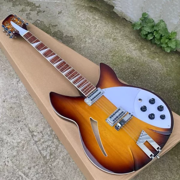 12 string semi hollow body electric guitar, sunburst 360 guitarra, double input jacks, trapeze tailpiece
