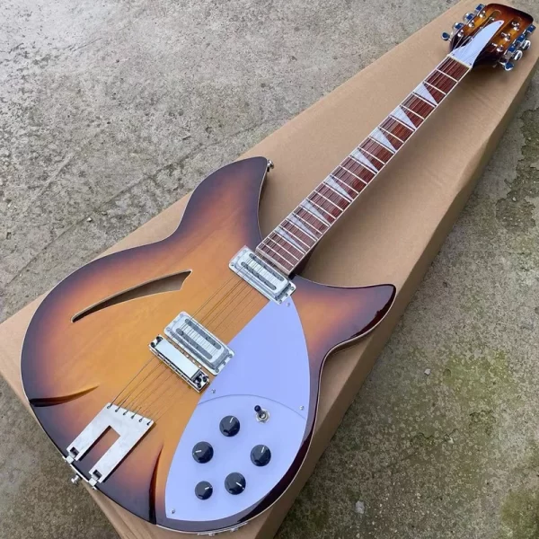 12 string semi hollow body electric guitar, sunburst 360 guitarra, double input jacks, trapeze tailpiece