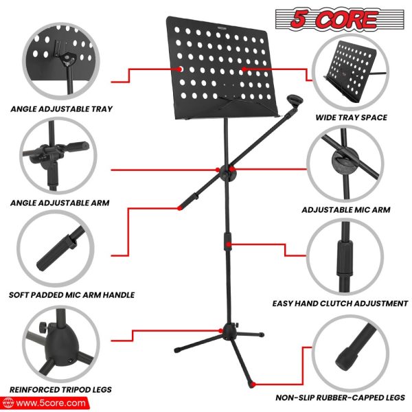 music stand 2 in 1 professional portable sheet music stand with detachable microphone stand, 21.6' 63' adjustable dual use music book stand & projector stand, super sturdy heavy duty mus mh