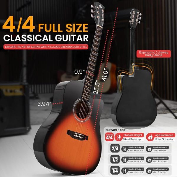 steel string acoustic guitar kit 4 4 full size cutaway all wood guitarra acustica with premium accessory set and upgraded gig bag 41 34 sunburst teardrop matte