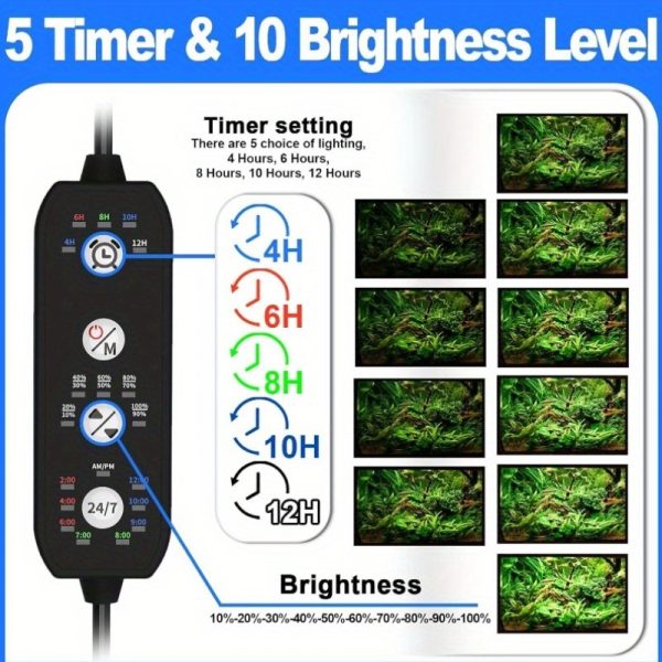 clip on aquarium light for plants 24/7 cycle fish tank light with timer, full spectrum +7 colors mode, auto on/off, adjustable brightness and height, 12w (7inch for 712 inch tank)