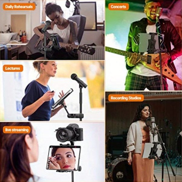 extendable tablet holder for microphone stand compatible with 4.7" to 12.9" tablets, 90° rotation, adjustable angle, secure clamp mount, durable metal construction, ideal for music & recording, tablet holder for mic, music stand accessory, sleek metallic finish, sturdy construction