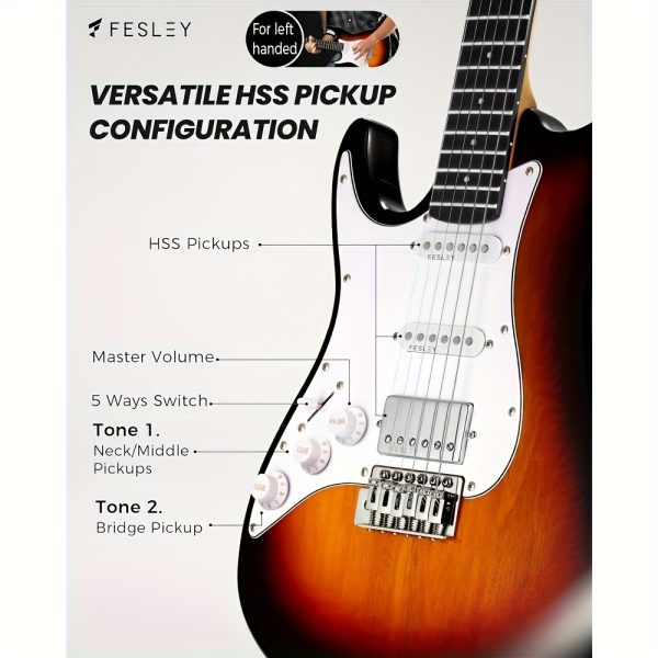 left handed electric guitar: 39" full size beginner electric guitar kit, hss pickup, solid body guitar starter set with amplifier, bag, strap, string, cable