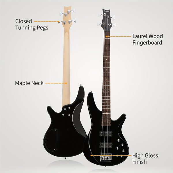 44 inch 4 string electric bass guitar, h h pickups, laurel fingerboard, comes with bag and accessories, black, for musicians, bass players, instruments