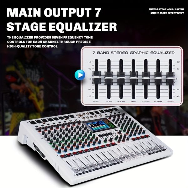 doslnlya gf12 white professional audio mixer mp3 player 12 channels 7 band eq 99dsp digital reverberation effect real time monitoring suitable for dj mixing, stage performances, and concerts.
