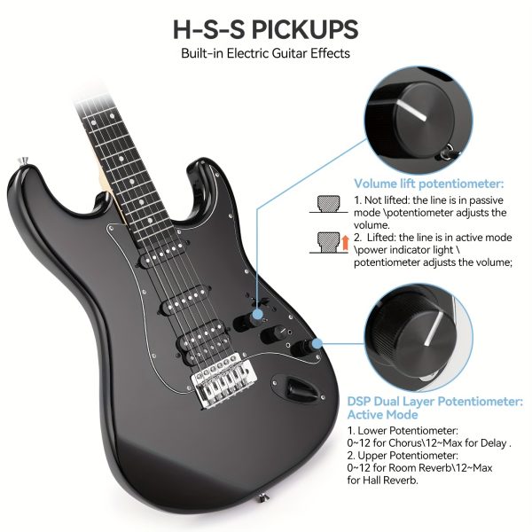 39" electric guitar kit with effects system, hss pickup, starter set with bag, capo, strap, string, tuner, cable, picks, electric guitar for beginner, professional player black