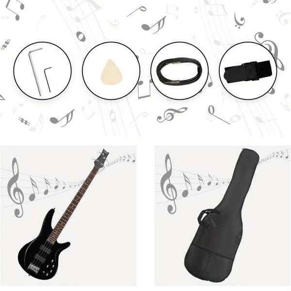 44 inch 4 string electric bass guitar, h h pickups, laurel fingerboard, comes with bag and accessories, black, for musicians, bass players, instruments
