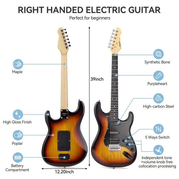 complete 39" electric guitar starter kit with effects, hss pickup, and accessories includes bag, capo, strap, tuner, cable, picks perfect for beginners to pros white