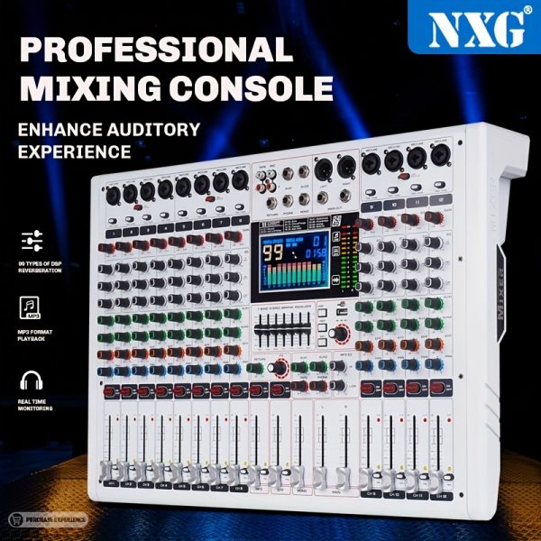 doslnlya gf12 white professional audio mixer mp3 player 12 channels 7 band eq 99dsp digital reverberation effect real time monitoring suitable for dj mixing, stage performances, and concerts.