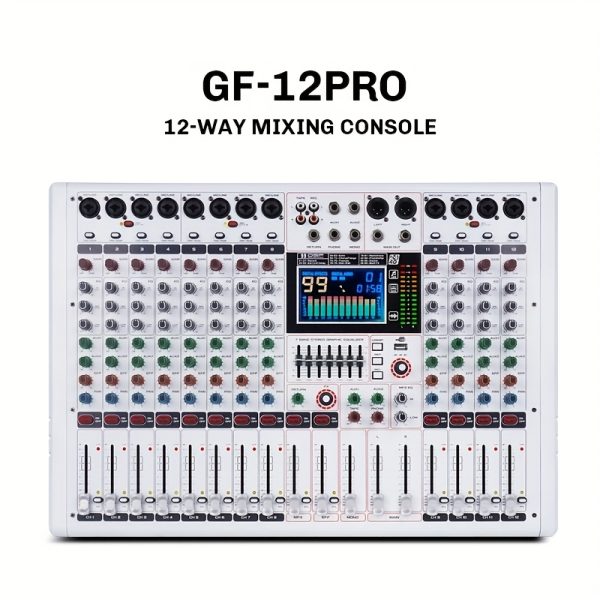 doslnlya gf12 white professional audio mixer mp3 player 12 channels 7 band eq 99dsp digital reverberation effect real time monitoring suitable for dj mixing, stage performances, and concerts.