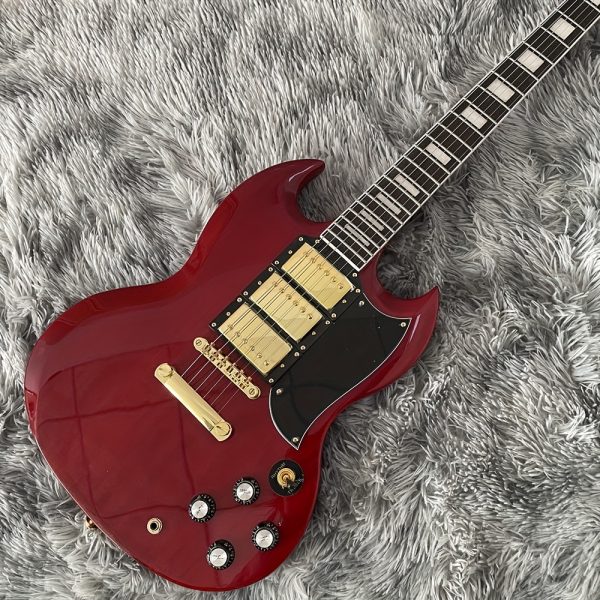 chinese electric guitar mahogany body rosewood fingerboard with three double pickups, bone and string pillows, stainless steel round head, silk golden accessories, made in china