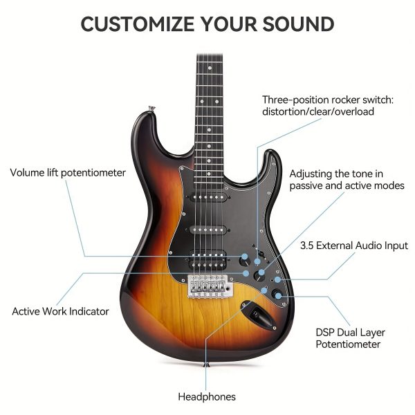 complete 39" electric guitar starter kit with effects, hss pickup, and accessories includes bag, capo, strap, tuner, cable, picks perfect for beginners to pros white