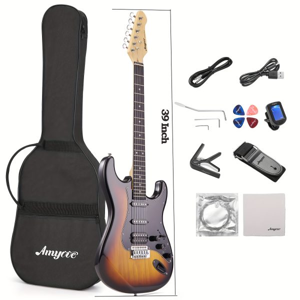 39" electric guitar kit with effects system, hss pickup, starter set with bag, capo, strap, string, tuner, cable, picks, electric guitar for beginner, professional player black