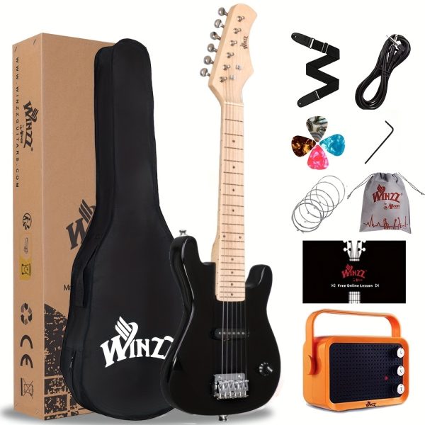 winzz tg e2 30 inch electric guitar package with amp, gig bag, picks, cable, strap, extra strings, solid wood body, glossy, small size