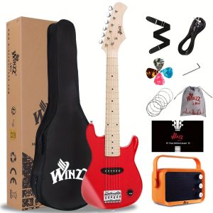 winzz tg e2 30 inch electric guitar package with amp, gig bag, picks, cable, strap, extra strings, solid wood body, glossy, small size