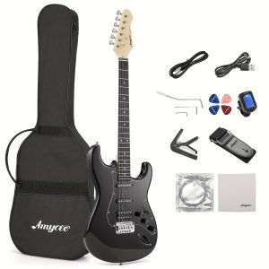 39" electric guitar kit with effects system, hss pickup, starter set with bag, capo, strap, string, tuner, cable, picks, electric guitar for beginner, professional player black
