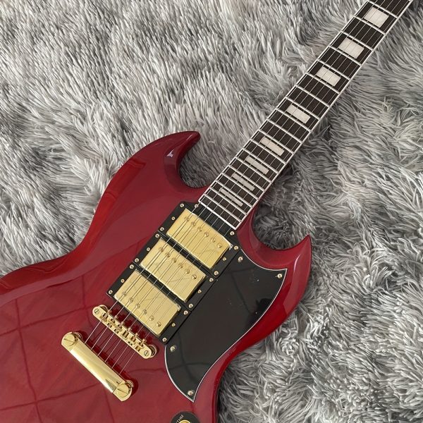 chinese electric guitar mahogany body rosewood fingerboard with three double pickups, bone and string pillows, stainless steel round head, silk golden accessories, made in china