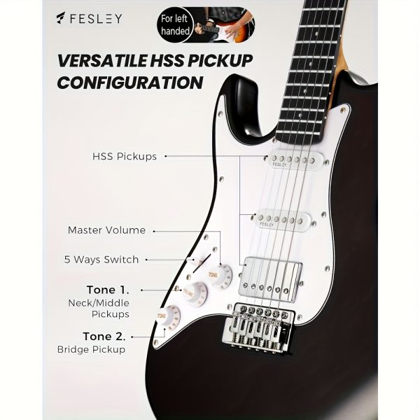 left handed electric guitar: 39" full size beginner electric guitar kit, hss pickup, solid body guitar starter set with amplifier, bag, strap, string, cable