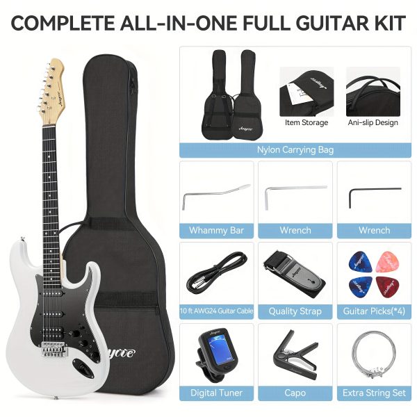 complete 39" electric guitar starter kit with effects, hss pickup, and accessories includes bag, capo, strap, tuner, cable, picks perfect for beginners to pros white