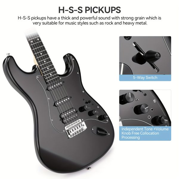 39" electric guitar kit with effects system, hss pickup, starter set with bag, capo, strap, string, tuner, cable, picks, electric guitar for beginner, professional player black