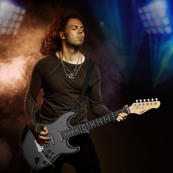 39" electric guitar kit with effects system, hss pickup, starter set with bag, capo, strap, string, tuner, cable, picks, electric guitar for beginner, professional player black