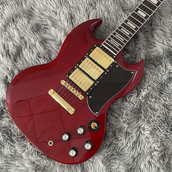 chinese electric guitar mahogany body rosewood fingerboard with three double pickups, bone and string pillows, stainless steel round head, silk golden accessories, made in china