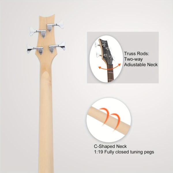 44 inch 4 string electric bass guitar, h h pickups, laurel fingerboard, comes with bag and accessories, black, for musicians, bass players, instruments