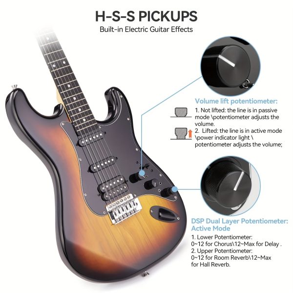 complete 39" electric guitar starter kit with effects, hss pickup, and accessories includes bag, capo, strap, tuner, cable, picks perfect for beginners to pros white