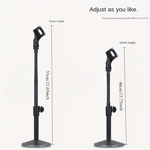 adjustable gooseneck microphone stand, alloy desktop mic holder, stable disc base, flexible tube telescopic, uncharged black