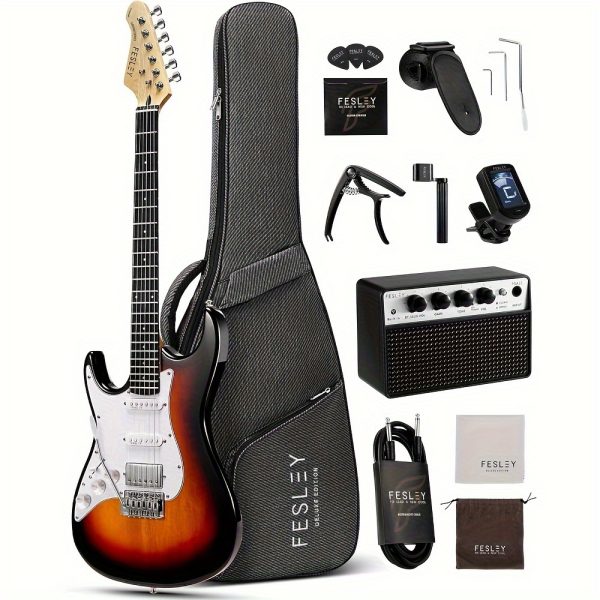 left handed electric guitar: 39" full size beginner electric guitar kit, hss pickup, solid body guitar starter set with amplifier, bag, strap, string, cable
