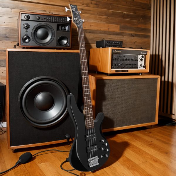 44 inch 4 string electric bass guitar, h h pickups, laurel fingerboard, comes with bag and accessories, black, for musicians, bass players, instruments